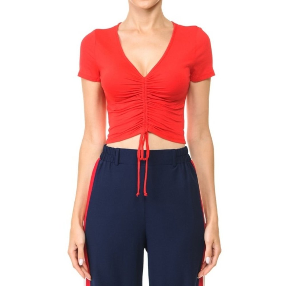 Red ruched tie front V-neck crop top